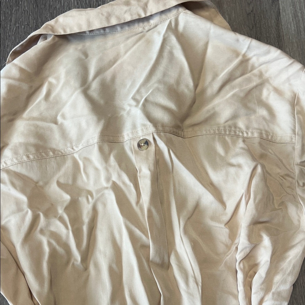 Bershka Beige Stone Fitted Waist Long Sleeve Shirt Dress XS Tie Back Button Down - Picture 6 of 6